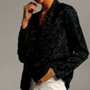 Black Power Blouse - Silky Leopoard Pattern, XS